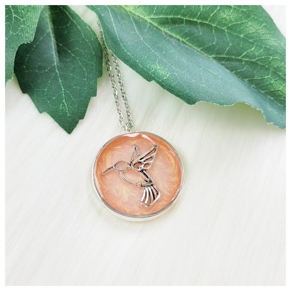 Hummingbird Pendant Necklace Metallic Peach Silver Round Bezel Handmade Necklace - Picture 9 of 9